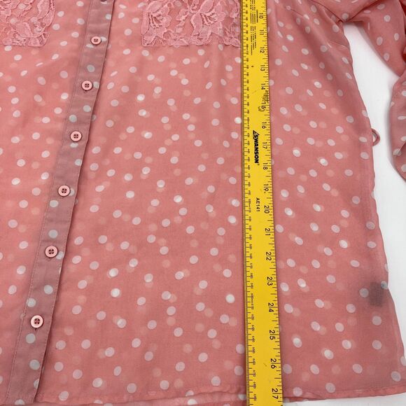 Women's Pink Sheer Polka Dot Button Up Blouse Lace Pockets Mock Collar Coquette - Picture 10 of 12